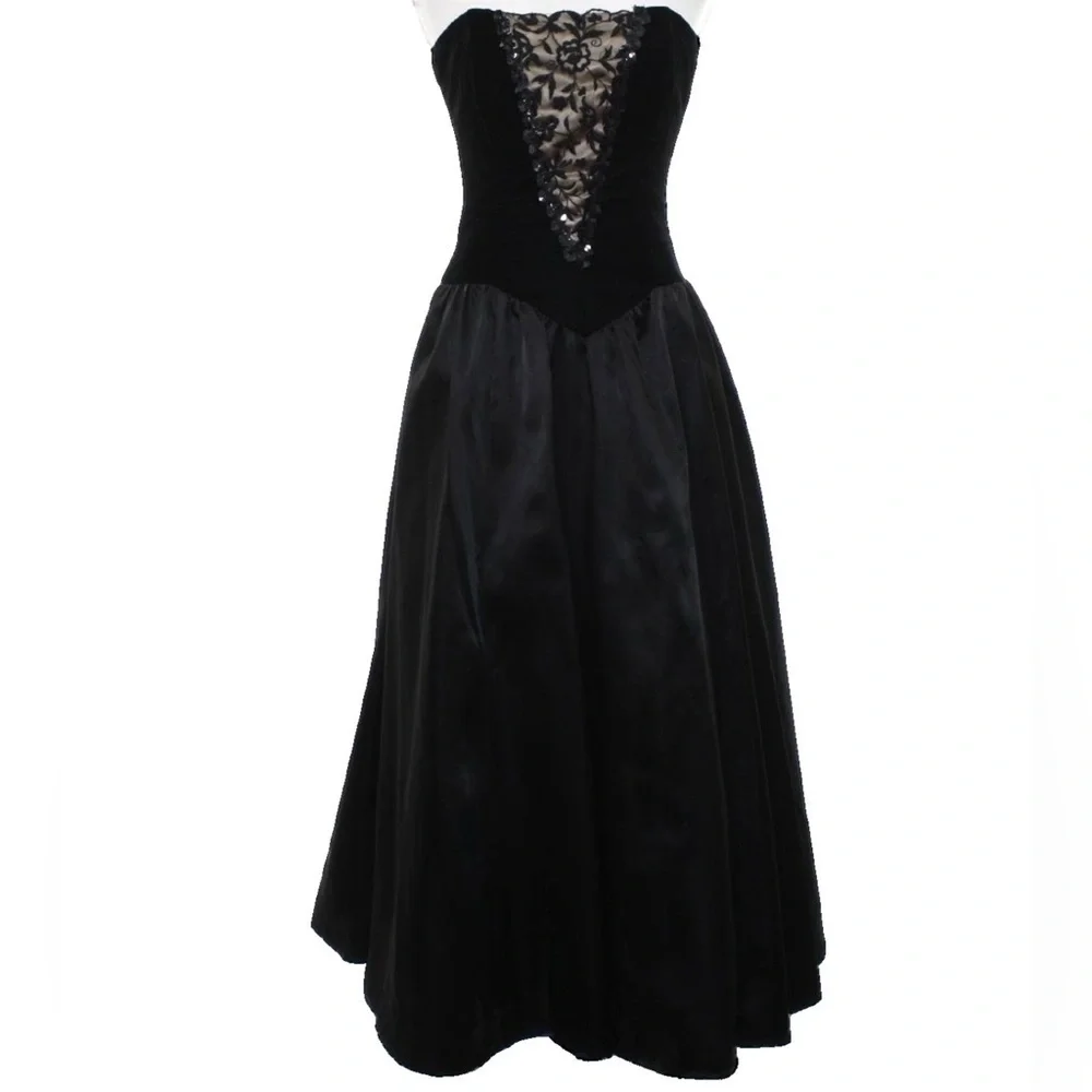 Vintage Gunne Sax Jessica McClintock Strapless Lined Tulle Velvet Sequin Dress - Picture 1 of 16
